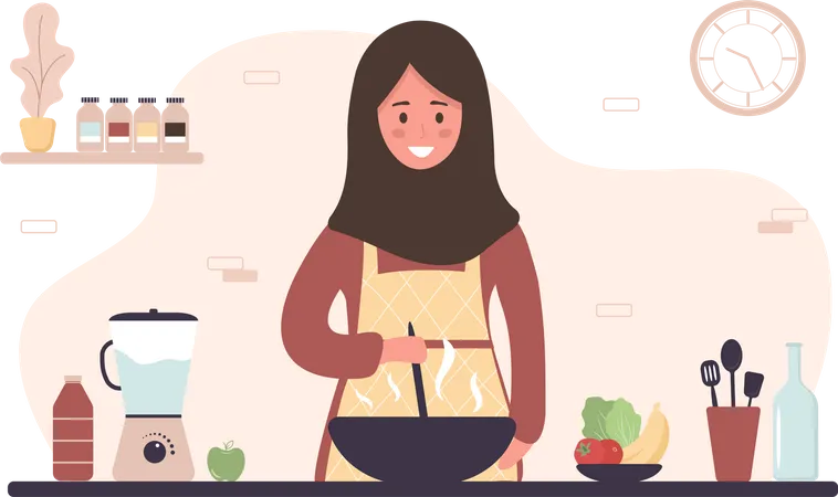 Arab Woman Cooking In Kitchen Smiling Girl Preparing Homemade Meals For Lunch Or Dinner Preparation Homemade Pastry Or Baking Flat Cartoon Vector Illustration Illustration
