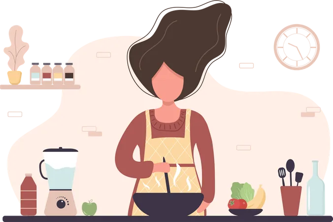 Woman Cooking In Kitchen Girl Preparing Homemade Meals For Lunch Or Dinner Preparation Homemade Pastry Or Baking Flat Cartoon Vector Illustration Illustration