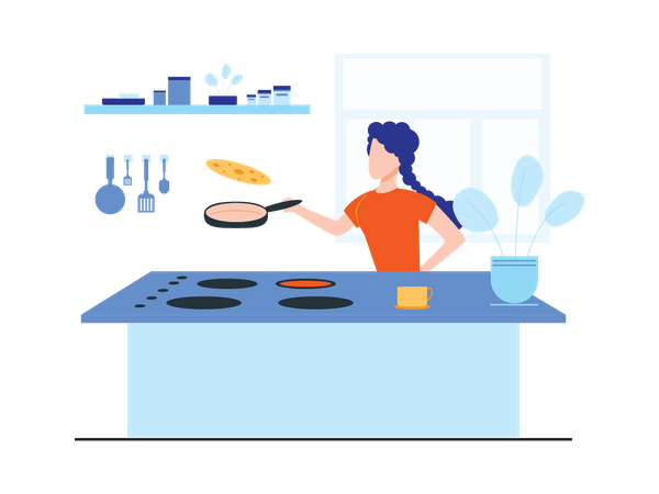 Woman Cooking In Kitchen Illustration