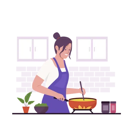Flat Design Of Woman Cooking In Kitchen Illustration For Websites Landing Pages Mobile Applications Posters And Banners Trendy Flat Vector Illustration Illustration