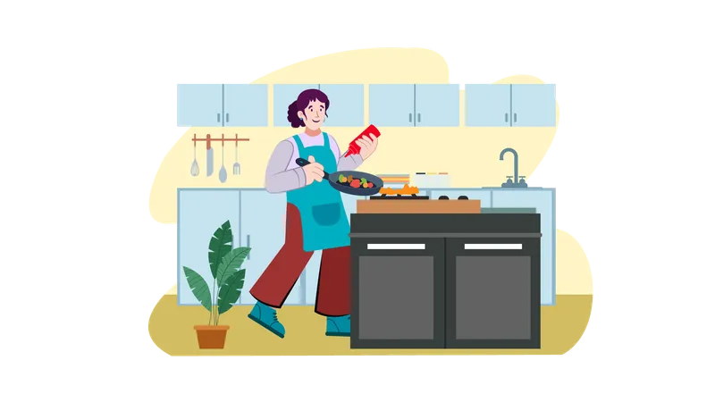Woman cooking in kitchen Illustration