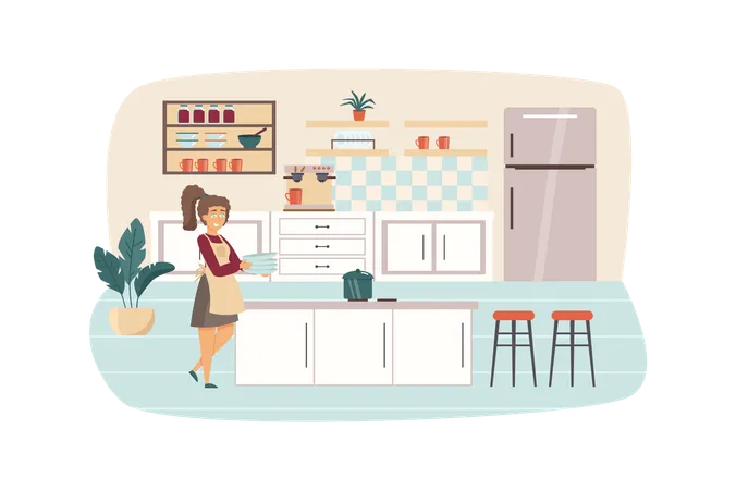 Woman cooking in kitchen scene. Housewife holds dishes, pan is on stove, preparing breakfast or lunch. Household and daily routine concept. Vector illustration of people characters in flat design Illustration