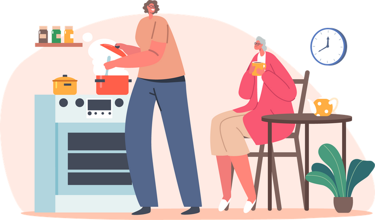 Woman Cooking in Kitchen with Elderly woman  Illustration