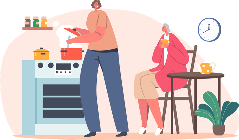 Woman Cooking in Kitchen with Elderly woman Illustration