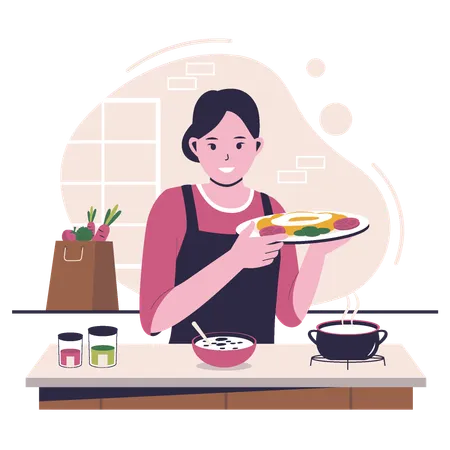 Woman Cooking In The Kitchen Vector Flat Illustration Illustration