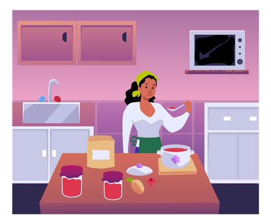 Woman cooking jam in the kitchen tastes it person making homemade fruit or berry jam dessert  Illustration