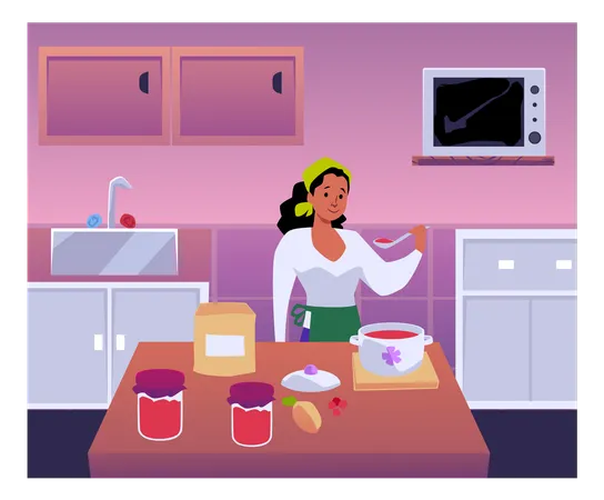 Woman cooking jam in the kitchen tastes it person making homemade fruit or berry jam dessert  Illustration