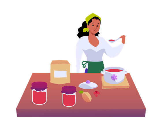 Woman cooking jam tastes it person making homemade fruit or berry jam dessert  Illustration