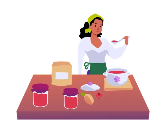 Woman cooking jam tastes it person making homemade fruit or berry jam dessert  Illustration