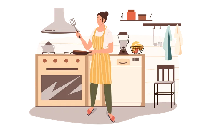 Woman Cooking Lunch Illustration