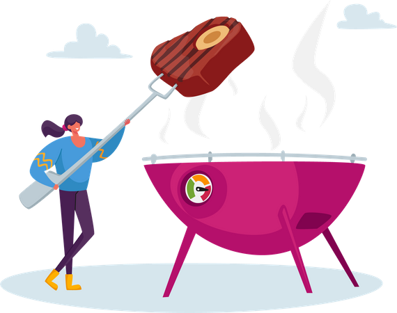 Woman cooking steak on barbeque Illustration