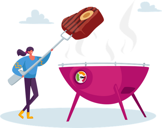 Woman cooking steak on barbeque  Illustration