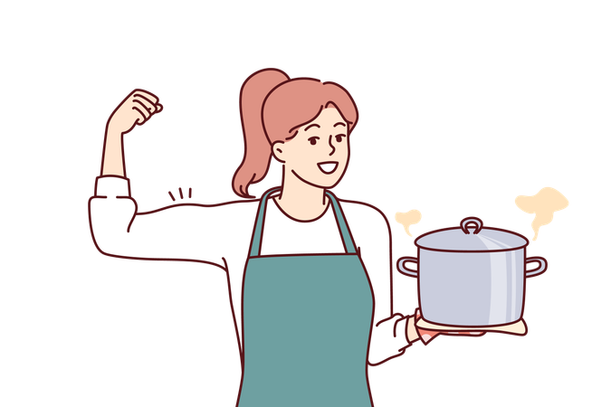 Woman cooks cuisine in cooking pan  イラスト