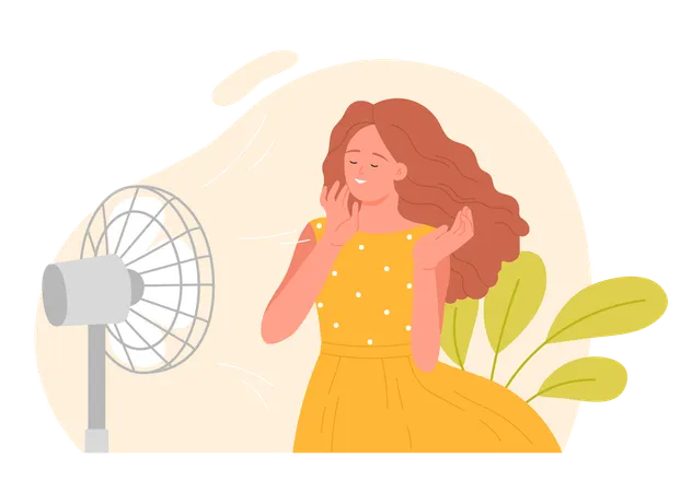 Cartoon Isolated Hot Summer Scene With Woman Happy Girl In Beautiful Dress Cooling At Electric Ventilator Blowing Sitting At Home And Relaxing Vector Illustration Illustration