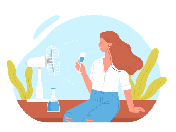 Woman cooling at electric ventilator blowing  Illustration