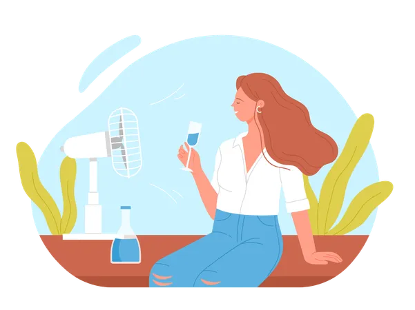 Cartoon Isolated Hot Summer Scene With Woman Girl Cooling At Electric Ventilator Blowing Sitting At Home And Drink Water Vector Illustration Illustration