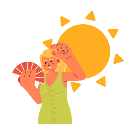Sunny Summer Exhaustion Flat Concept Vector Spot Illustration European Woman Cooling Down With Hand Fan 2 D Cartoon Character On White For Web UI Design Isolated Editable Creative Hero Image Illustration