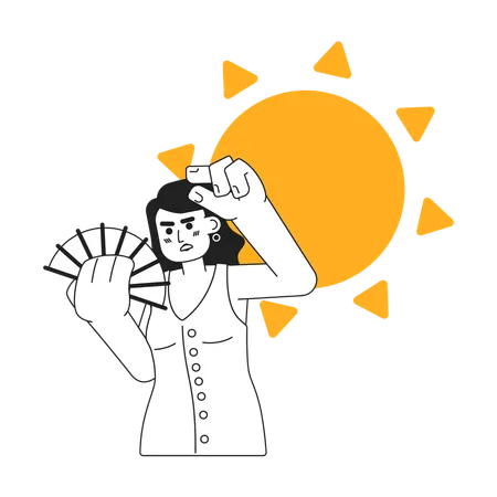 Sunny Summer Exhaustion Monochrome Concept Vector Spot Illustration European Woman Cooling Down With Hand Fan 2 D Flat Bw Cartoon Character For Web UI Design Isolated Editable Hand Drawn Hero Image Illustration