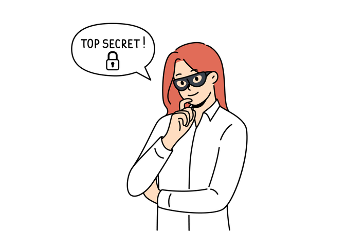 Woman corporate spy with mask on face is thinking and how to steal information with top secret status  Illustration