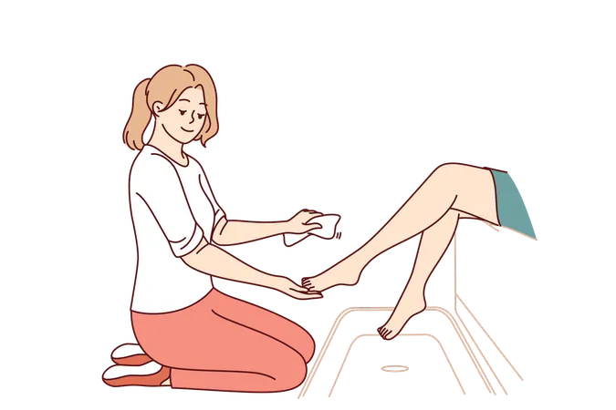 Woman Cosmetologist Gives Pedicure To Client While Sitting On Knees And Treating Patient Legs With Softening Cream Smiling Girl Works In Beauty Salon And Learns To Do Pedicure For Female Visitors Illustration