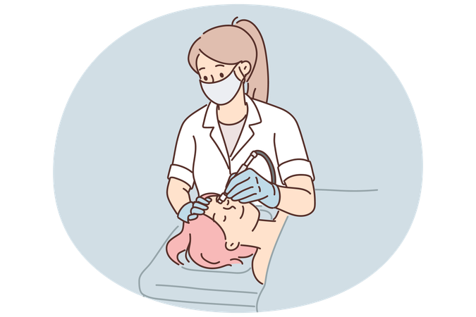 Woman cosmetologist performs microdermabrasion or mechanical peeling and diamond face polishing  Illustration