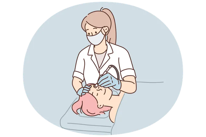 Woman cosmetologist performs microdermabrasion or mechanical peeling and diamond face polishing  Illustration