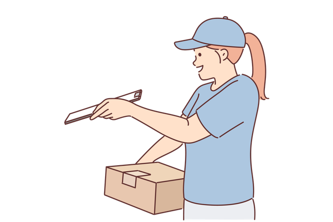 Woman courier hold cardboard box and clipboard to get customer signature before handing over order  Illustration