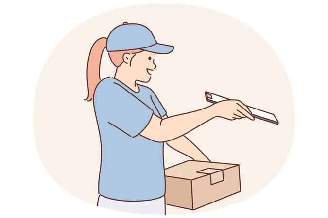 Woman courier holds cardboard box and clipboard to get customer signature before handing over order  Illustration