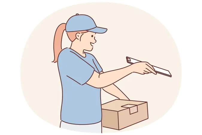 Woman courier holds cardboard box and clipboard to get customer signature before handing over order  Illustration