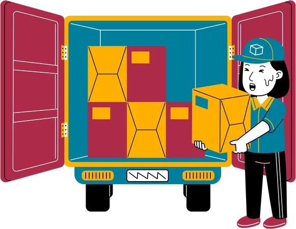 Woman Courier puts package in box car  Illustration