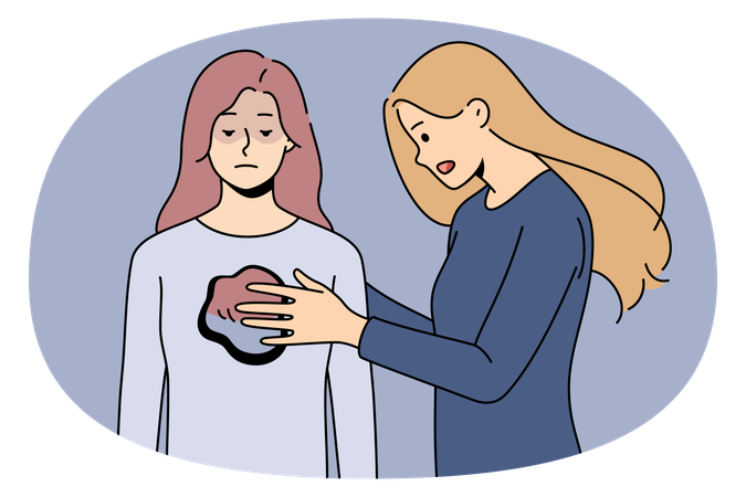 Woman cover with hands close hole in another female give support and help  Illustration