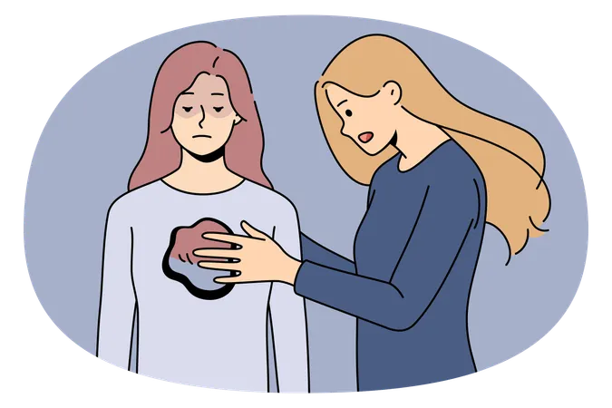 Woman cover with hands close hole in another female give support and help  Illustration