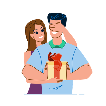 Woman covering man eye and giving surprise gift  Illustration