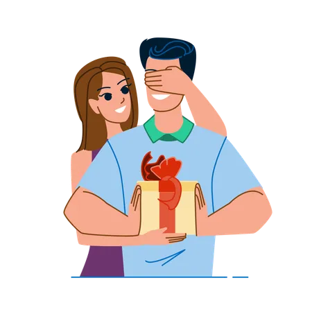 Woman covering man eye and giving surprise gift  Illustration