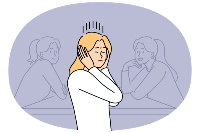 Woman covers ears by refusing to listen to statements of toxic colleagues and ignoring criticism  Illustration