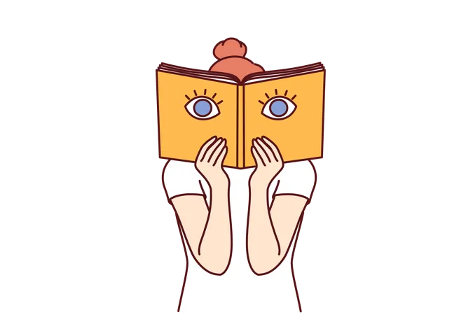 Woman Covers Face With Book From Bookstore Reading Interesting Textbook With Giant Eyes On Cover Teenage Bookworm Girl Enjoys Studying Library Book With Shocking Facts And Mesmerizing Stories Illustration