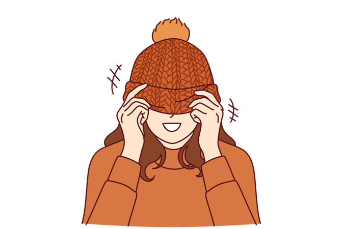 Woman covers face with knitted hat  イラスト