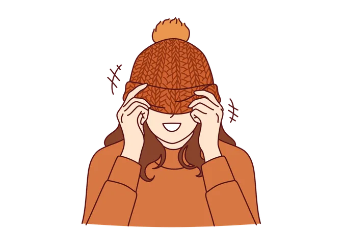 Woman Covers Face With Knitted Hat With Pompom And Smiles Standing In Warm Sweater Happy Girl Rejoices At Onset Of Winter Or Autumn Cold Weather And Puts On Handmade Hat Given By Loved One イラスト