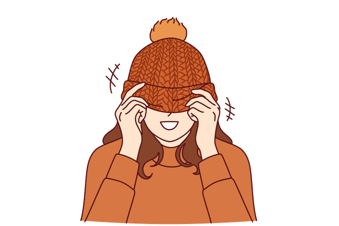 Woman covers face with knitted hat  Illustration