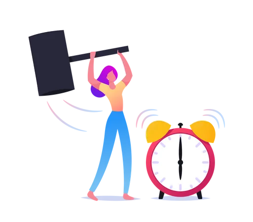Woman Crash Alarm Clock with Hammer Illustration