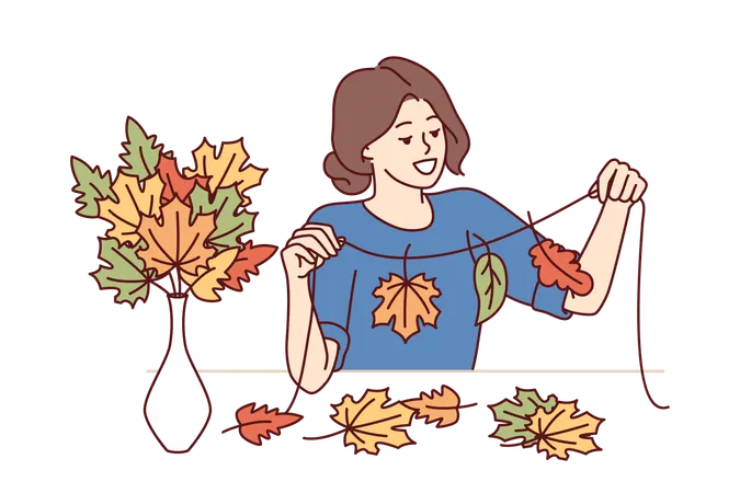 Woman Creates Autumn Atmosphere In Home By Making Handmade Garland From Colorful Tree Foliage Happy Girl Ties Autumn Leaves To Rope To Decorate Interior Of Apartment On Eve Of Thanksgiving Illustration