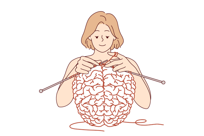 Woman creates brain using knitting as metaphor for psychological therapy and mental health care  Illustration