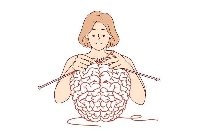 Woman creates brain using knitting as metaphor for psychological therapy and mental health care  Illustration
