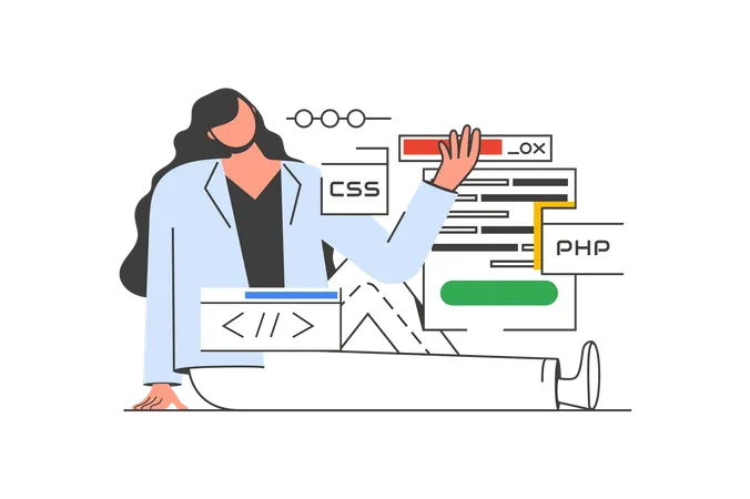 Programming Working Outline Web Concept With Character Scene Woman Creates Code And Testing Algorithms People Situation In Flat Line Design Vector Illustration For Social Media Marketing Material Illustration