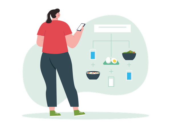 Woman creating a diet routine using mobile app Illustration