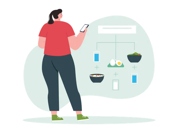 Woman creating a diet routine using mobile app  Illustration