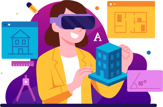 Woman creating building plan with the help of VR  Illustration