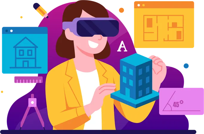 Woman creating building plan with the help of VR  Illustration