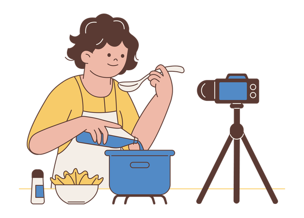 Woman Creating Cooking Content Illustration  Illustration