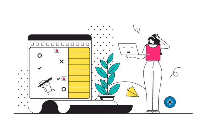 Planning Schedule Outline Web Concept In Modern Flat Line Design Woman Creating Work Agenda And Daily Tasks At Laptop Managing Dates And Meetings At Calendar With Notifications Vector Illustration Illustration